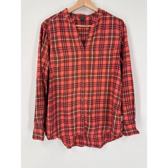 Eddie Bauer Women's L Flannel Button Down Shirt Plaid Orange Brown Pocket hi Low - Picture 1 of 7